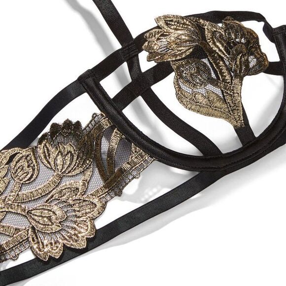 1423 VICTORIA'S SECRET BLACK GOLD Strappy Embroidered Open Cup Balconett… - Picture 3 of 11